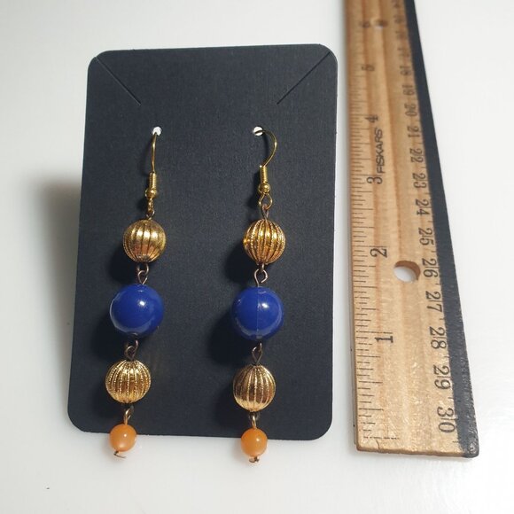 Gold Tone Blue Orange Bead Dangle Earrings Hook Back Sports Fan Jewelry Gift - Picture 4 of 5
